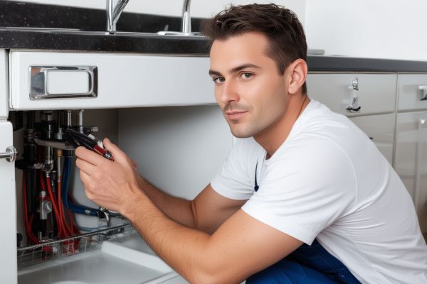 Emergency plumber responding to urgent call with specialized equipment