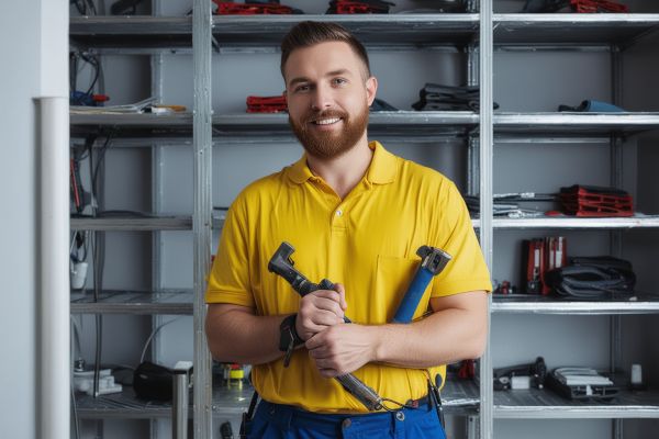 Professional plumber in uniform working with modern plumbing tools in a well-organized workshop