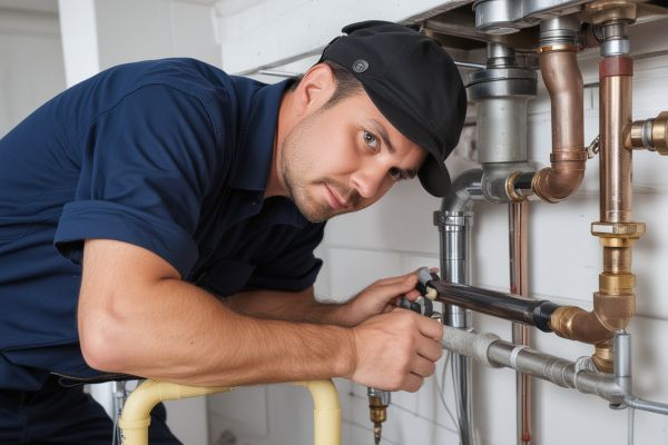 Professional plumber working on pipes with modern tools in a residential setting